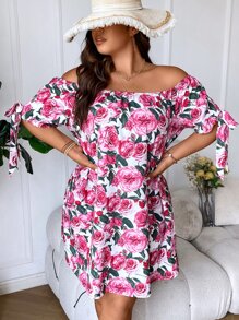 SHEIN Holidaya Plus Floral Print Off Shoulder Knot Cuff Dress - Multicolor - View 7