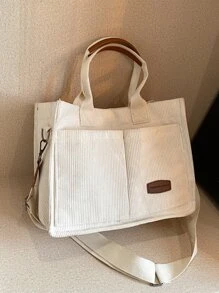 Letter Patch Decor Shopper Bag, Stylish Linen, PVC Bag For Groceries & Gifts Back To School, Classic Casual, Suitable For Teen Girls Women College Students, Perfect For Back To School, College, Middle School, High School, Shopping, Large School Tote Bag, Multiple Compartments, Perfect For Beach, School, Work & Daily Use - White - View 2