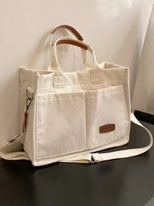 Letter Patch Decor Shopper Bag, Stylish Linen, PVC Bag For Groceries & Gifts Back To School, Classic Casual, Suitable For Teen Girls Women College Students, Perfect For Back To School, College, Middle School, High School, Shopping, Large School Tote Bag, Multiple Compartments, Perfect For Beach, School, Work & Daily Use - White - View 3