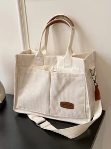 Letter Patch Decor Shopper Bag, Stylish Linen, PVC Bag For Groceries & Gifts Back To School, Classic Casual, Suitable For Teen Girls Women College Students, Perfect For Back To School, College, Middle School, High School, Shopping, Large School Tote Bag, Multiple Compartments, Perfect For Beach, School, Work & Daily Use - White - View 4