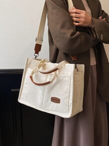 Letter Patch Decor Shopper Bag, Stylish Linen, PVC Bag For Groceries & Gifts Back To School, Classic Casual, Suitable For Teen Girls Women College Students, Perfect For Back To School, College, Middle School, High School, Shopping, Large School Tote Bag, Multiple Compartments, Perfect For Beach, School, Work & Daily Use - White - View 5