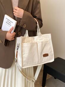 Letter Patch Decor Shopper Bag, Stylish Linen, PVC Bag For Groceries & Gifts Back To School, Classic Casual, Suitable For Teen Girls Women College Students, Perfect For Back To School, College, Middle School, High School, Shopping, Large School Tote Bag, Multiple Compartments, Perfect For Beach, School, Work & Daily Use - White - View 6