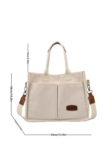 Letter Patch Decor Shopper Bag, Stylish Linen, PVC Bag For Groceries & Gifts Back To School, Classic Casual, Suitable For Teen Girls Women College Students, Perfect For Back To School, College, Middle School, High School, Shopping, Large School Tote Bag, Multiple Compartments, Perfect For Beach, School, Work & Daily Use - White - View 7