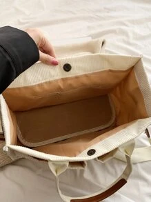 Letter Patch Decor Shopper Bag, Stylish Linen, PVC Bag For Groceries & Gifts Back To School, Classic Casual, Suitable For Teen Girls Women College Students, Perfect For Back To School, College, Middle School, High School, Shopping, Large School Tote Bag, Multiple Compartments, Perfect For Beach, School, Work & Daily Use - White - View 8