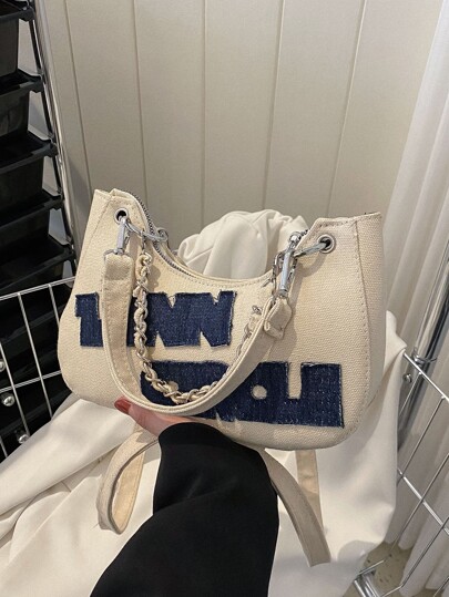 Lightweight,Business Casual Letter Patch Decor Chain Hobo Bag For Teen Girls Women College Students,Rookies & White-collar Workers Perfect for Office,College,Work ,Business,Commute,Outdoors, Travel, Outings