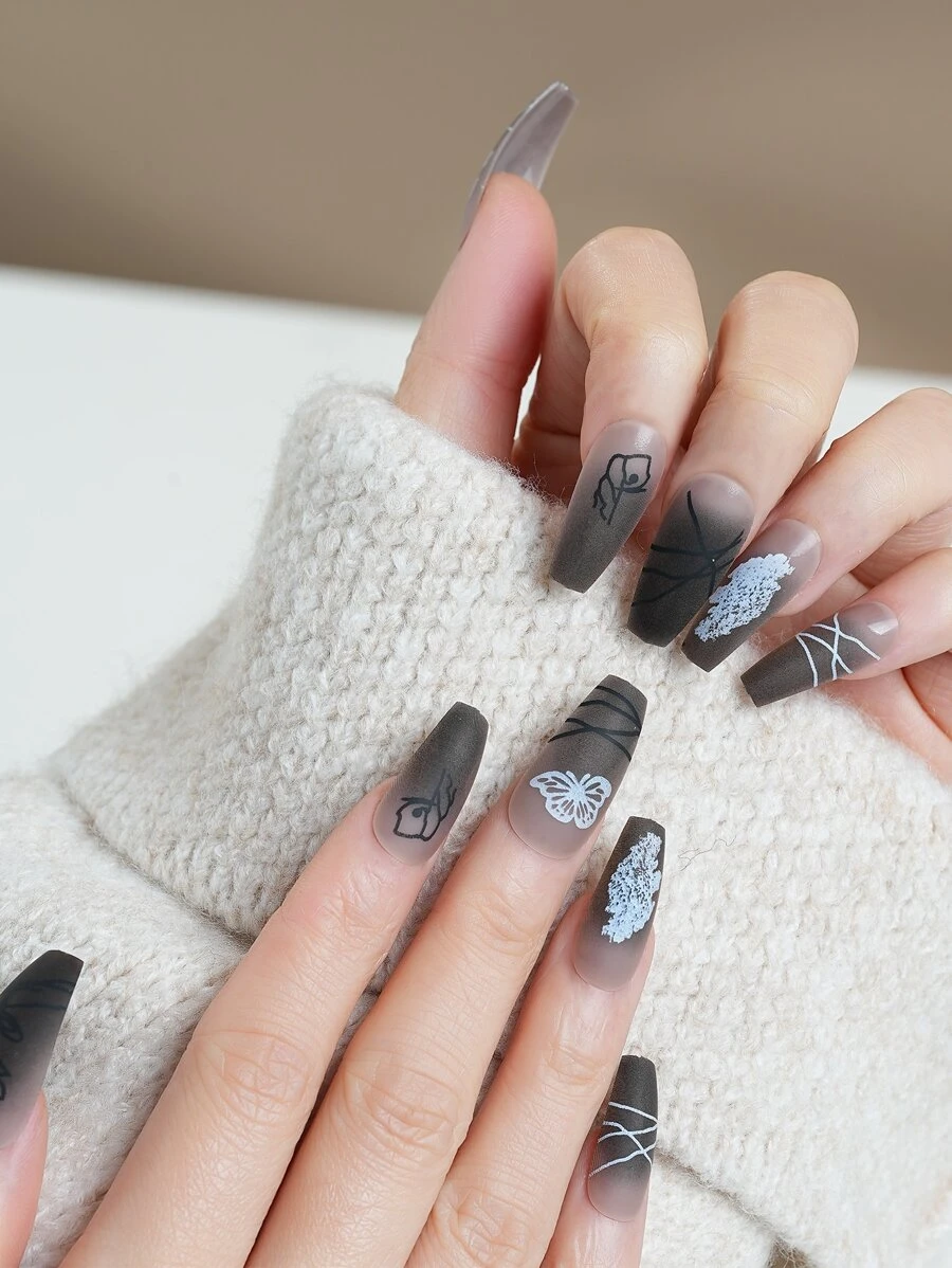 24pcs Long Coffin Butterfly Print Fake Nail & 1pc Nail File & 1sheet Tape - Multicolor - View 1