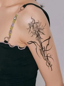 紋身貼紙,1張花卉圖案一次性紋身適合女士,紋身貼紙成年人,逼真紋身貼花,適合女士和女孩 - 黑色 - 查看 4