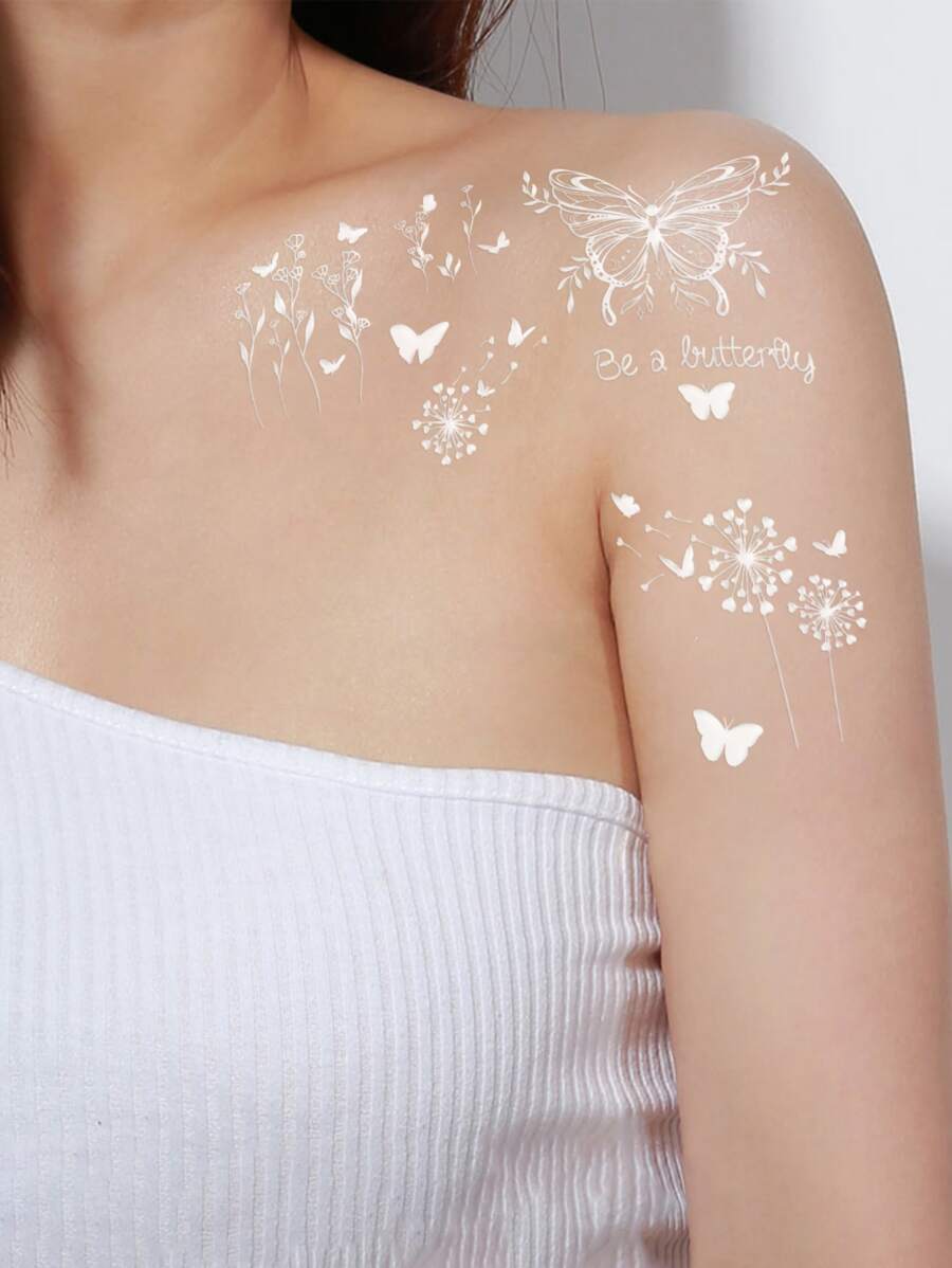 Hình xăm dán , 1 tờ Loại bướm & Hoa Hình xăm tạm thời Đối với phụ nữ , Hình xăm dán Người lớn , Thực tế Hình xăm Loại bướm , Đối với phụ nữ Và Cô gái - trắng - Xem 1