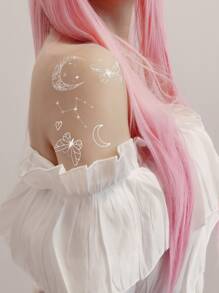 纹身贴纸，1 张蝴蝶和月亮图案女性临时纹身，成人纹身贴纸，逼真的蝴蝶纹身、月亮纹身，适合女性和女孩 - 白色 - 查看 1