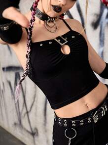 ROMWE PUNK Áo hai dây Cắt ra Nhẫn Thùa khuyết màu trơn Giải trí - màu đen - Xem 1