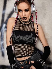 ROMWE PUNK Top tank con letra con diamante de imitación con abertura sin manga - Negro - Ver 2