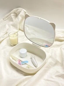 可折叠桌面镜，1 件猫耳装饰化妆镜/化妆镜（带收纳盒），女士和女孩适用的便携式旅行镜，送给女性、妈妈、妻子、姐妹、青少年、女朋友的礼物，梳妆镜，客厅、卧室、浴室、家居装饰，旅行用品，婚礼、派对、生日，送给男性、妈妈、爸爸、最好的朋友、老师的礼物，新年、配饰，趣味礼物 - 白色 - 查看 3