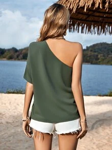 SHEIN LUNE One Shoulder Batwing Sleeve Knot Side Blouse - Army Green - View 2