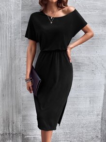 SHEIN LUNE Solid Batwing Sleeve Split Thigh Dress - Black - View 1