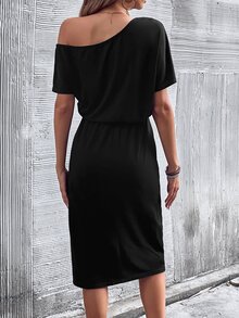 SHEIN LUNE Solid Batwing Sleeve Split Thigh Dress - Black - View 2