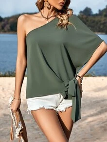 SHEIN LUNE One Shoulder Batwing Sleeve Knot Side Blouse - Army Green - View 4