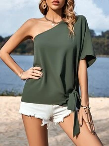 SHEIN LUNE One Shoulder Batwing Sleeve Knot Side Blouse - Army Green - View 6