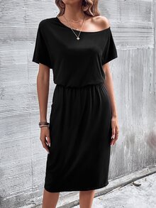 SHEIN LUNE Solid Batwing Sleeve Split Thigh Dress - Black - View 4