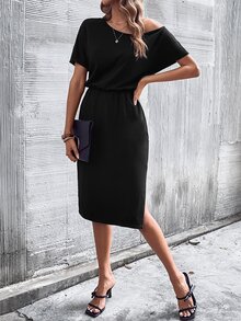 SHEIN LUNE Solid Batwing Sleeve Split Thigh Dress - Black - View 6