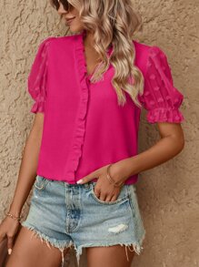 SHEIN VCAY Blusa de lunares de manga farol ribete con fruncido - Rosa Fucsia - Ver 4