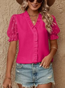 SHEIN VCAY Blusa de lunares de manga farol ribete con fruncido - Rosa Fucsia - Ver 5