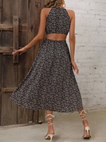 Breezaya 碎花腰部鏤空繞頸連衣裙 - 黑色 - 查看 2