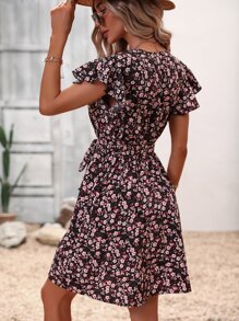 SHEIN Holidaya 碎花蝴蝶袖繫腰帶連衣裙 - 黑色 - 查看 2