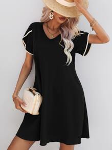 SHEIN Privé Contrast Binding Petal Sleeve Tunic Dress - Black - View 6