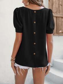 SHEIN LUNE Áo sơ mi nữ Nút giả màu trơn Giải trí - màu đen - Xem 1