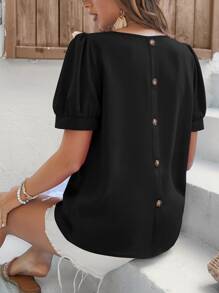 SHEIN LUNE Áo sơ mi nữ Nút giả màu trơn Giải trí - màu đen - Xem 2