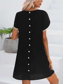 SHEIN Privé Contrast Binding Petal Sleeve Tunic Dress - Black - View 1