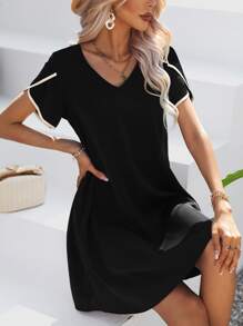 SHEIN Privé Contrast Binding Petal Sleeve Tunic Dress - Black - View 3