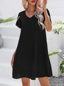 SHEIN Privé Contrast Binding Petal Sleeve Tunic Dress - Black - View 4