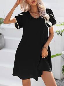 SHEIN Privé Contrast Binding Petal Sleeve Tunic Dress - Black - View 5