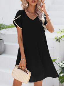 SHEIN Privé Contrast Binding Petal Sleeve Tunic Dress - Black - View 2