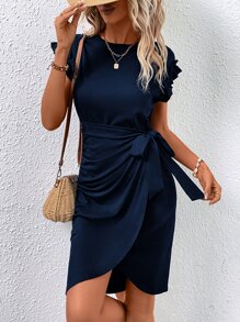 SHEIN LUNE Ruffle Trim Knot Side Wrap Hem Dress - Navy Blue - View 6