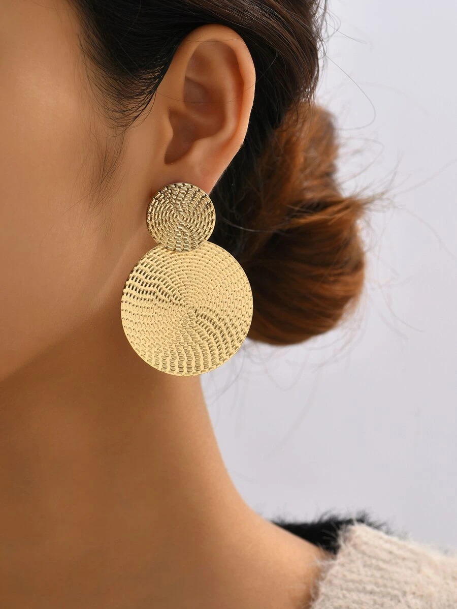 Textured Round Drop Earrings - Yellow Gold - View 1