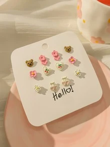 6 cặp/Se Chic Rose Flower Bow & Heart Stud Hoa tai cho phụ nữ - Nhiều màu - Xem 12