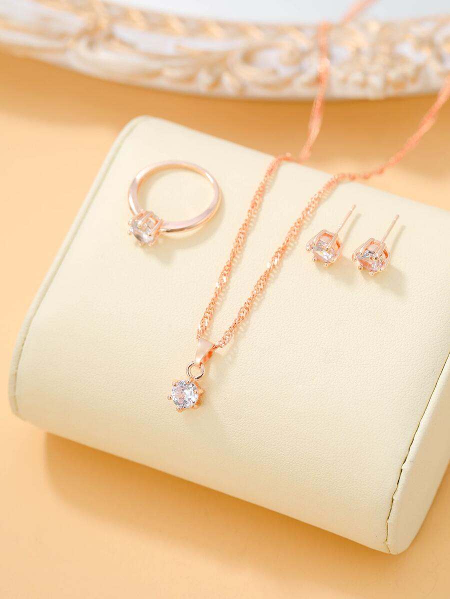 4 Cái/bộ Kim Cương Giả Trang Trí Bộ Trang Sức Đính Đá Cubic Zircon Bông Tai Vòng Cổ Vòng 4 Món - Hoa hồng vàng - Xem 1