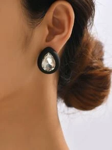 2 piezas/set Pendientes de tachuela con diamante de imitación con diseño de gota de agua - Blanco y Negro - Ver 1