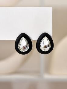 2 piezas/set Pendientes de tachuela con diamante de imitación con diseño de gota de agua - Blanco y Negro - Ver 2