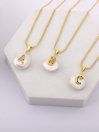 1入組方晶鋯石字母裝飾人造珍珠墜飾項鍊