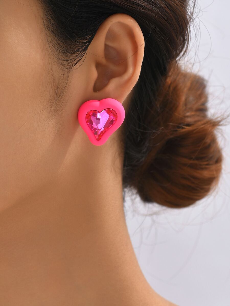 水鑽裝飾心耳釘 - 玫紅色 - 查看 1