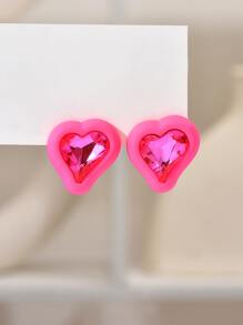 水鑽裝飾心耳釘 - 玫紅色 - 查看 2