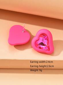 水鑽裝飾心耳釘 - 玫紅色 - 查看 3