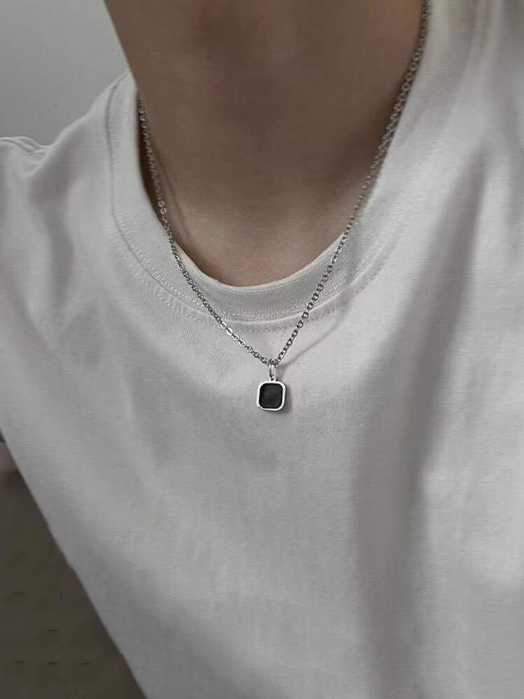 1pc Men's Black Square Pendant Stainless Steel Necklace, Fashionable & Minimalist For Daily Wear - Silver - View 1