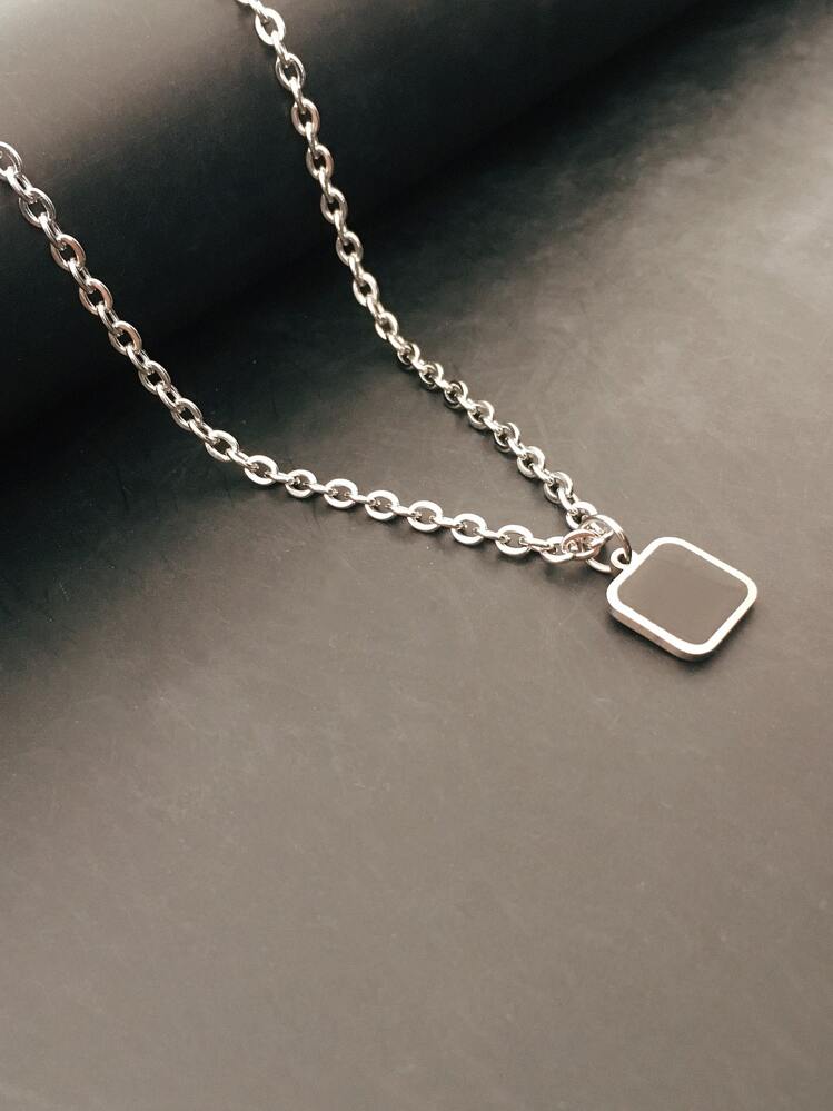 1pc Men's Black Square Pendant Stainless Steel Necklace, Fashionable & Minimalist For Daily Wear - Silver - View 6