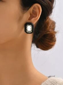 Rhinestone Decor Stud Earrings - Black and White - View 7