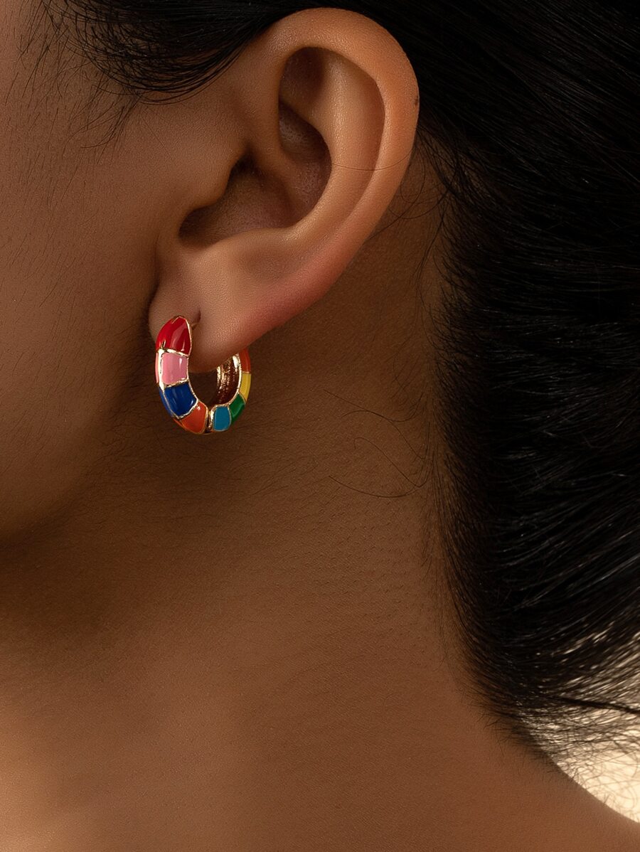 撞色圓耳環 - 彩色 - 查看 1