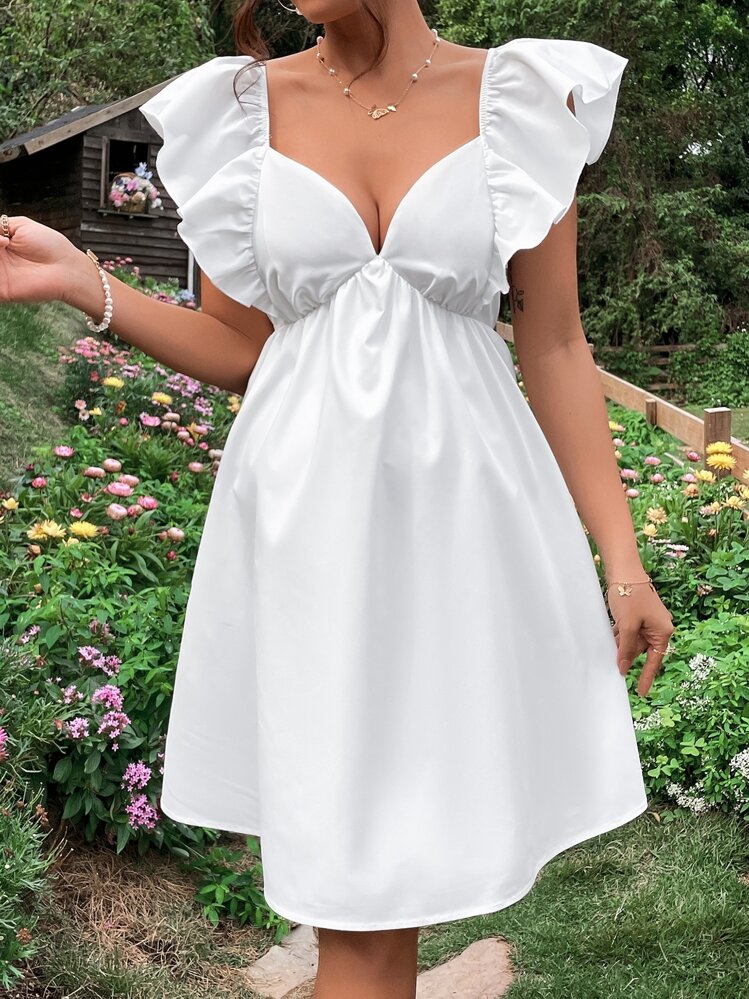 SHEIN Maternity Ruffle Trim Tie Backless Dress - White - View 4